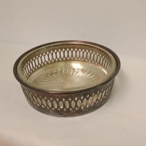 Rare Vintage Crystal Glass Wine Bottle Coaster with Silver Cut out tray